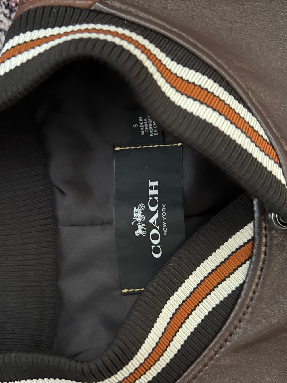 Coach Men's Brown Leather Bomber Jacket with Cream & Orange Stripe Trim